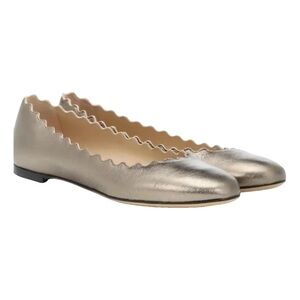 Chloe Lauren Scalloped Metallic Leather Ballerina Flats Size 40 Gold Grey Italy